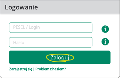 Okno logowania do portalu KartoSfera. W oknie logowania w pierwszym polu należy wpisać PESEL lub login, w drugim polu należy wpisać hasło. Całość należy zatwierdzić wybierając zielony przycisk Zaloguj oznaczony na zdjęciu żółtym okręgiem.